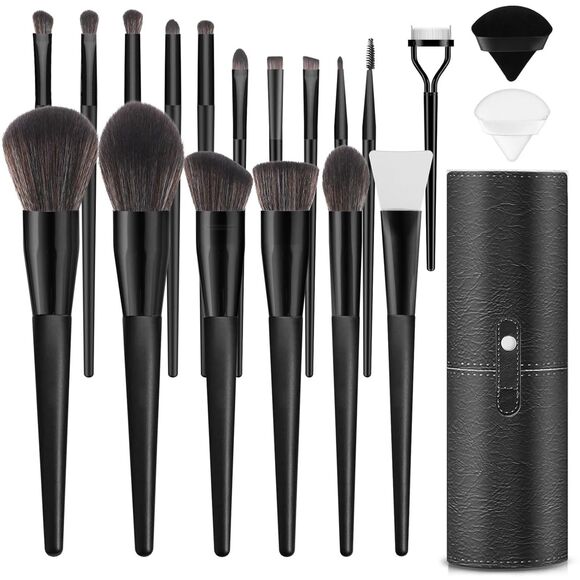 20PCs Black Professional Makeup Brushes Set with Travel Case & 2 Powder Puff - Picture 1 of 4